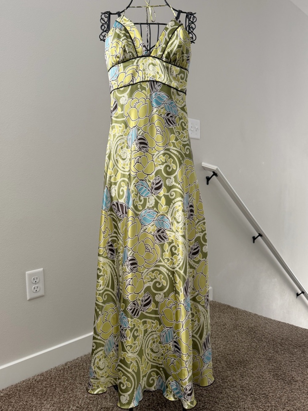 Floral Olive Satin Maxi Dress with V-Neck